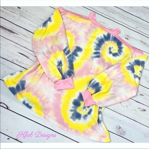 Boho Tie Dye Cold Shoulder Top | Long Sleeve Terry Pullover Shirt - Picture 5 of 5